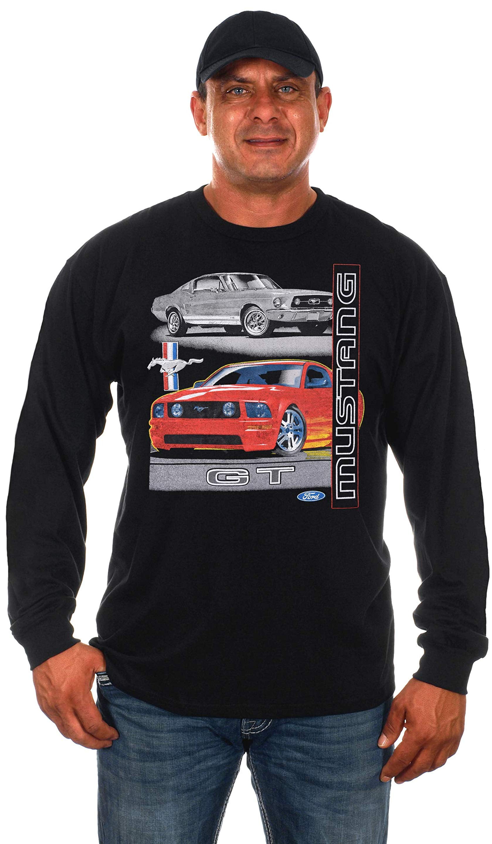 JH DESIGN GROUP Mens Ford Mustang Long Sleeve Crew Neck T-Shirt Front Back & Sleeve Logos 