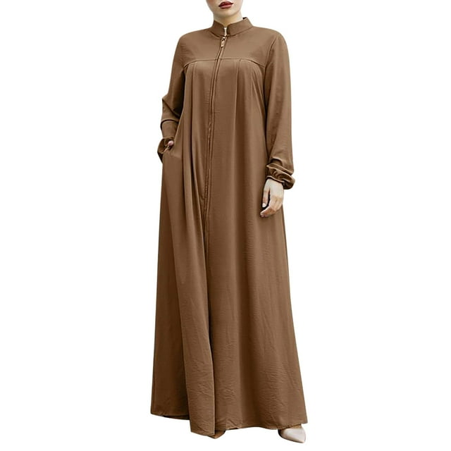 Wdgfv Womens Abaya Muslim Long Sleeve Front Zipper Dress Prayer Islamic Clothes with Pockets