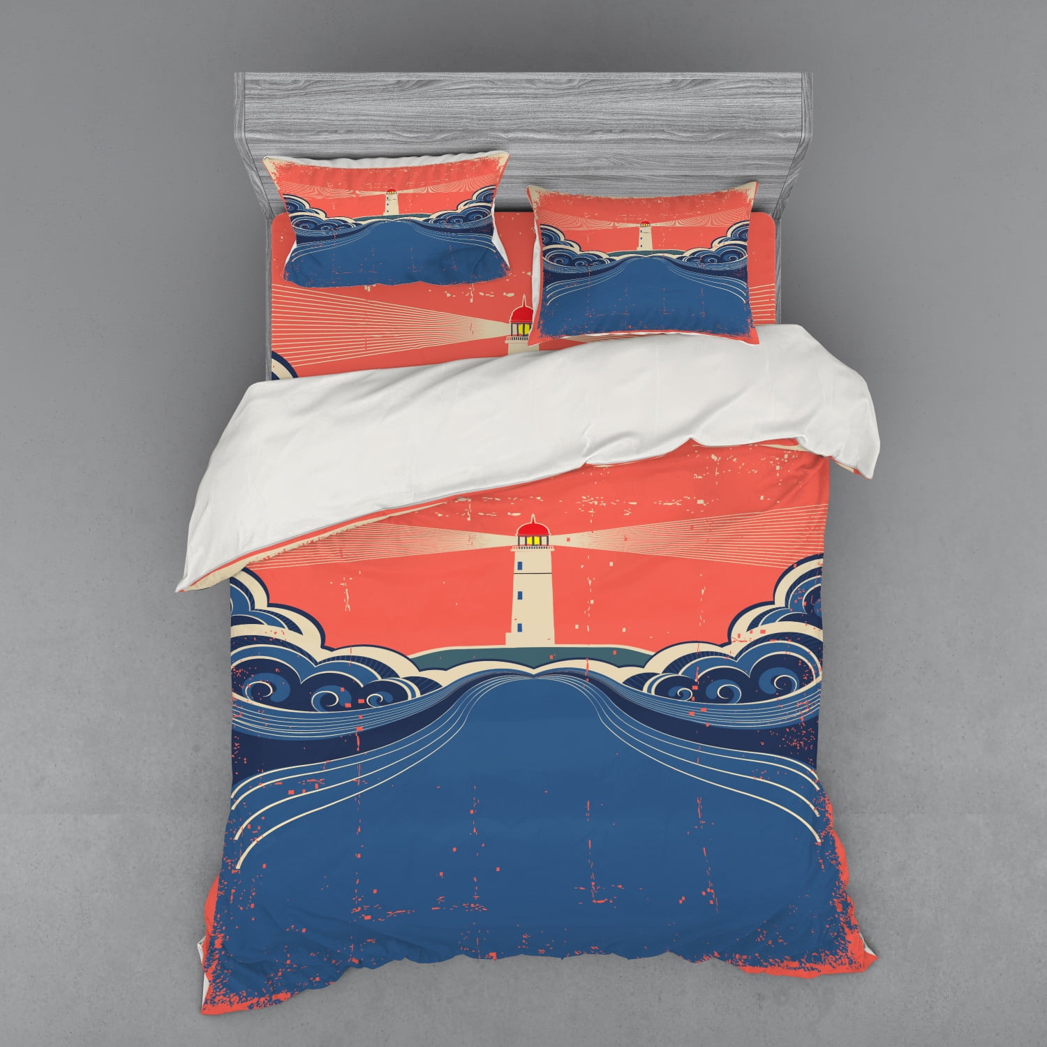 Lighthouse Duvet Cover Set, Grungy Style Lighthouse Art Print Beam