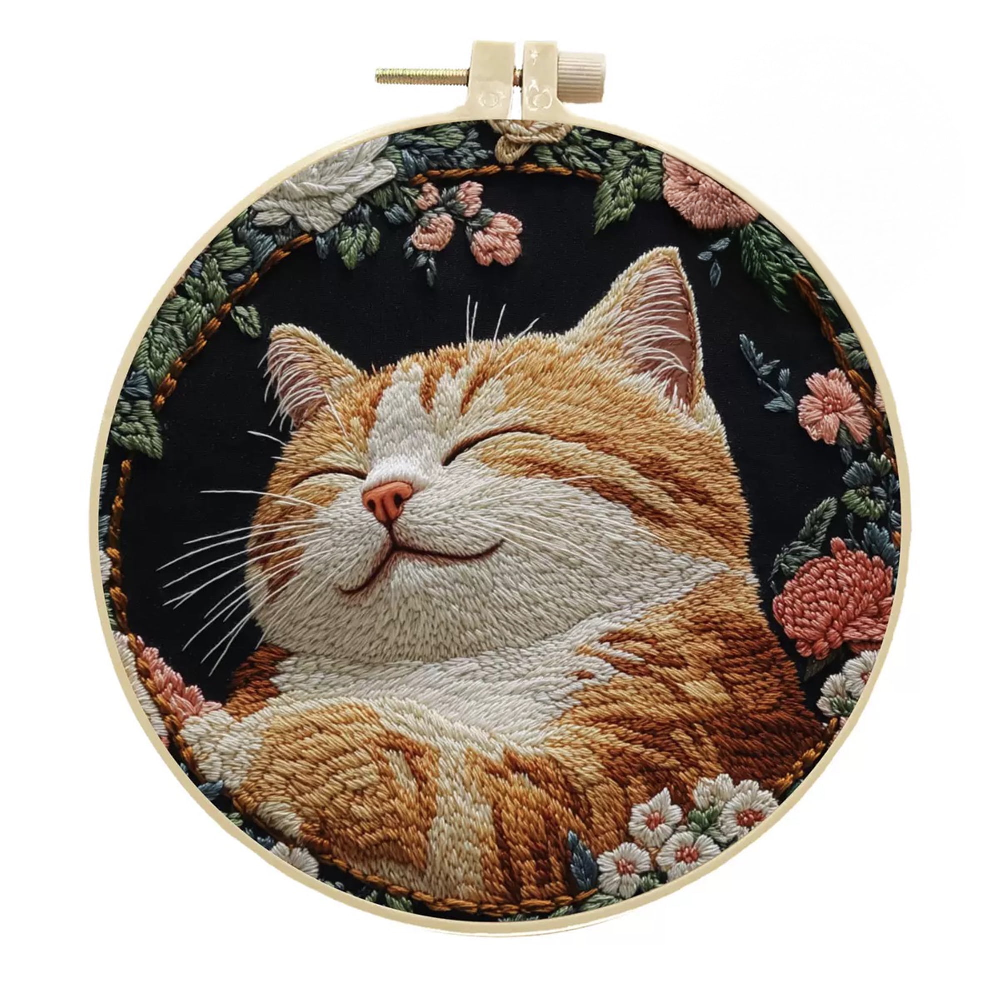 4 Pack Orange Cat Embroidery Kits for Adults Beginners Realistic Sleeping Tabby Floral Needlepoint DIY Hoop Art Craft Set