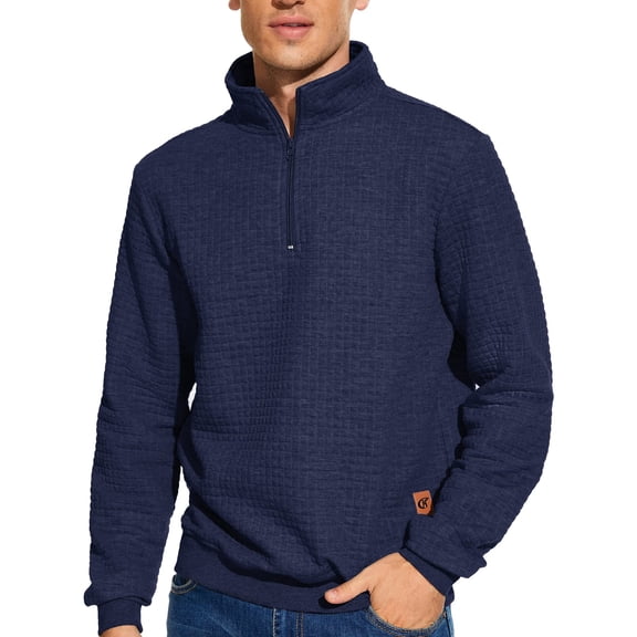 Men's Quilted Half-Zip Pullover - Soft Stand Collar Long Sleeve Casual Sweatshirt, Perfect Valentine's Day Gift for Him Fall Winter Tops Navy S