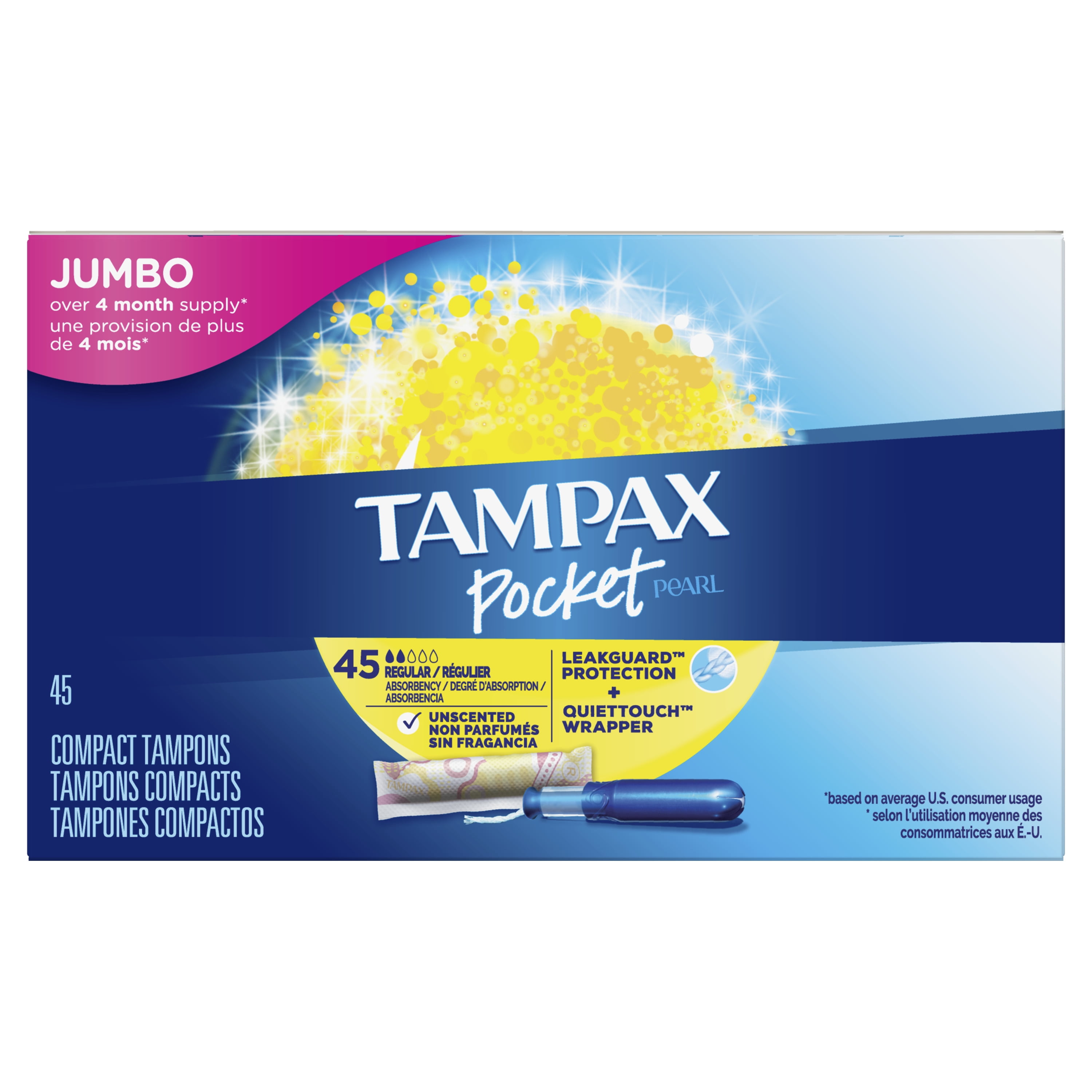 Tampax Pocket Pearl Tampons, Unscented, Regular Absorbency, 45 ct