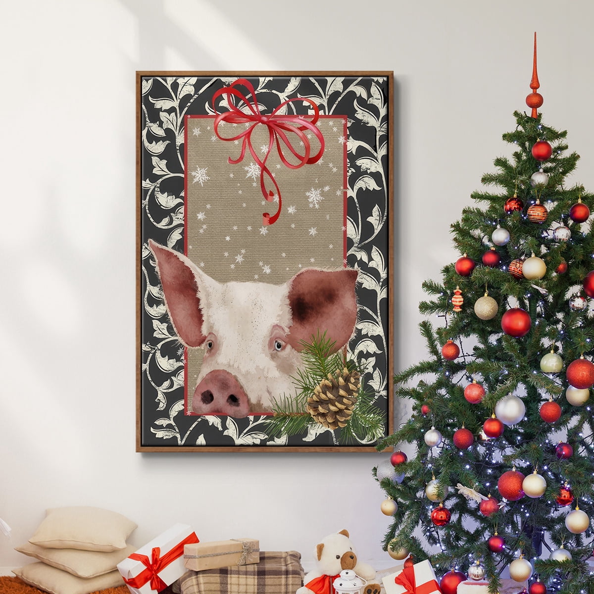 County Christmas Farm II - Framed Gallery Wrapped Holiday Canvas - 25 x 37 - Rosewood Frame