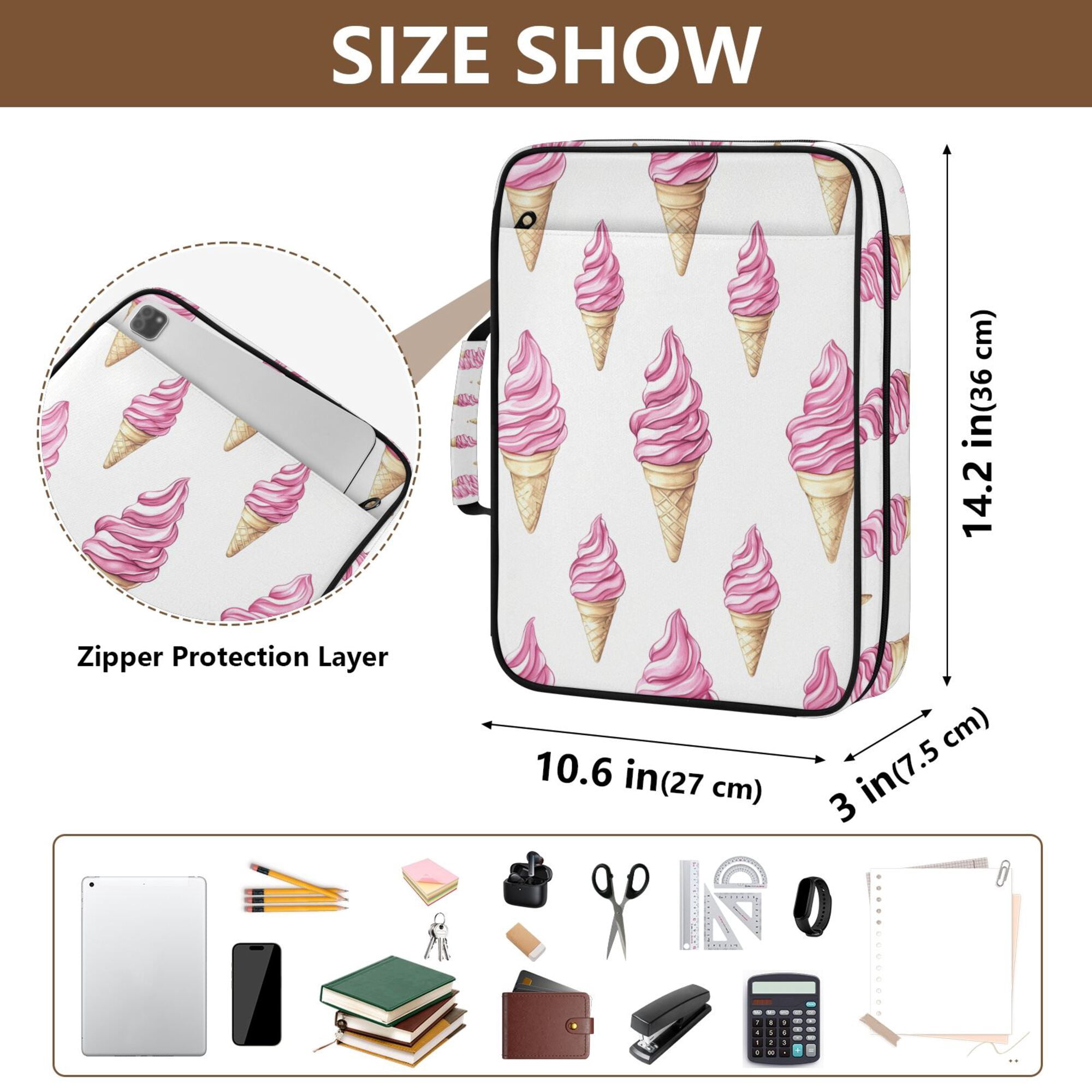 FORMRS Accordion File Folder A4 Size 7-Pocket Expanding Document Organizer Bag with 3 Ring Binder, Pink Cartoon Ice Cream