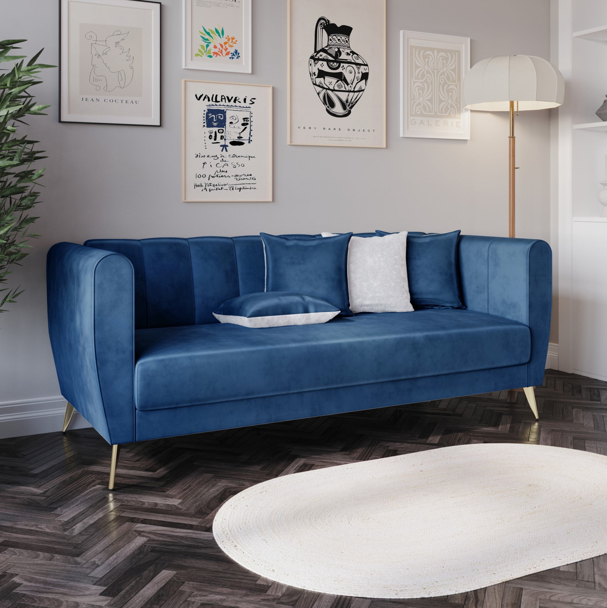 Home Design Scarlett Velvet Flared Arm 3-Seater Sofa with 4 Throw Pillows, Vertical Channel Tufting and Metal Legs, Modern Luxury, Blue