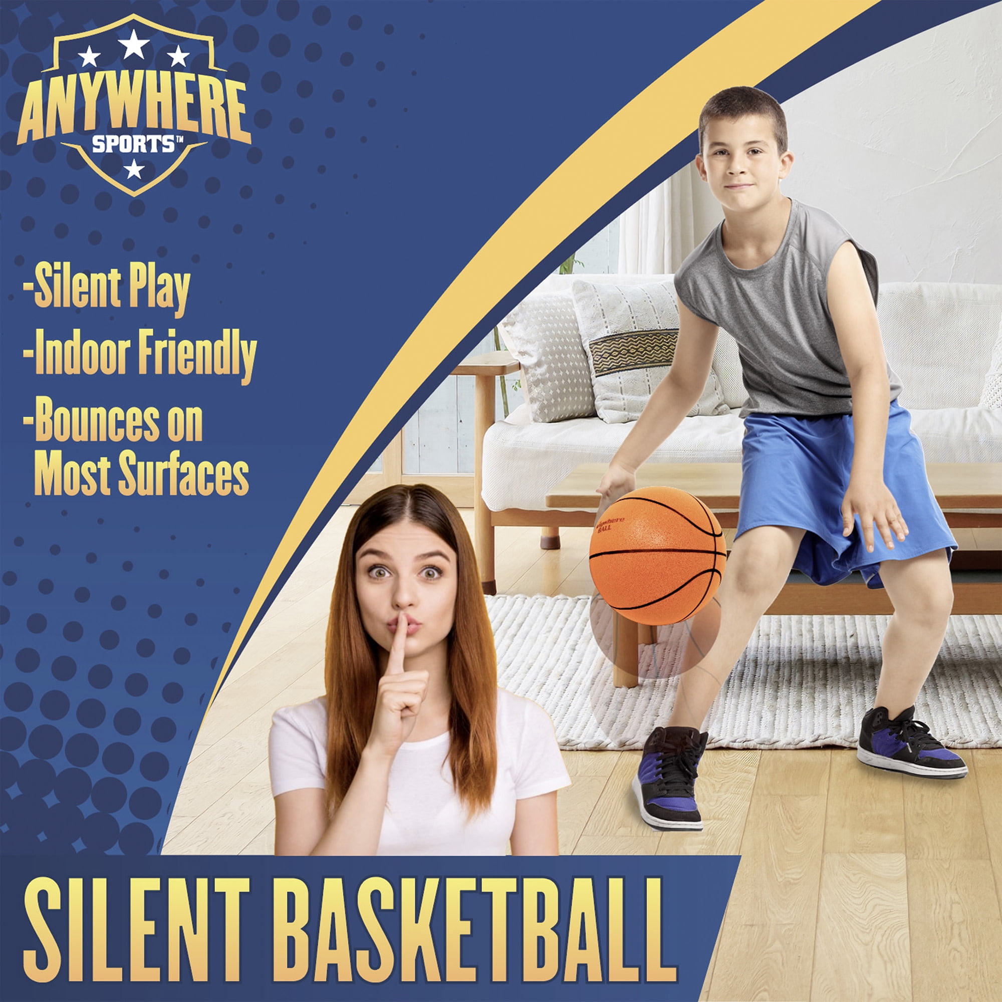 Anywhere Sports: Silent Basketball - 9.5" Orange Squishy Foam Ball, Official Size 7, Realistic Bounce, Quiet Indoor-Outdoor Play, Waterproof, Kids 3+