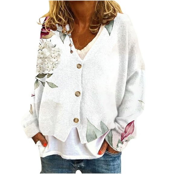 qucoqpe Women's 2025 Fall Winter Fashion Floral Printed Button V Neck Long Sleeve Sweaters Warm Fleece Comfy Flannel Cardigan Tops Outwear Winter Clothing for Women