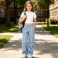 thumbnail image 5 of Cargo Pants for Girls Wide Leg High Waist Parachute Pants with Pockets & Drawstrings (Light Blue 5-6 Years), 5 of 6