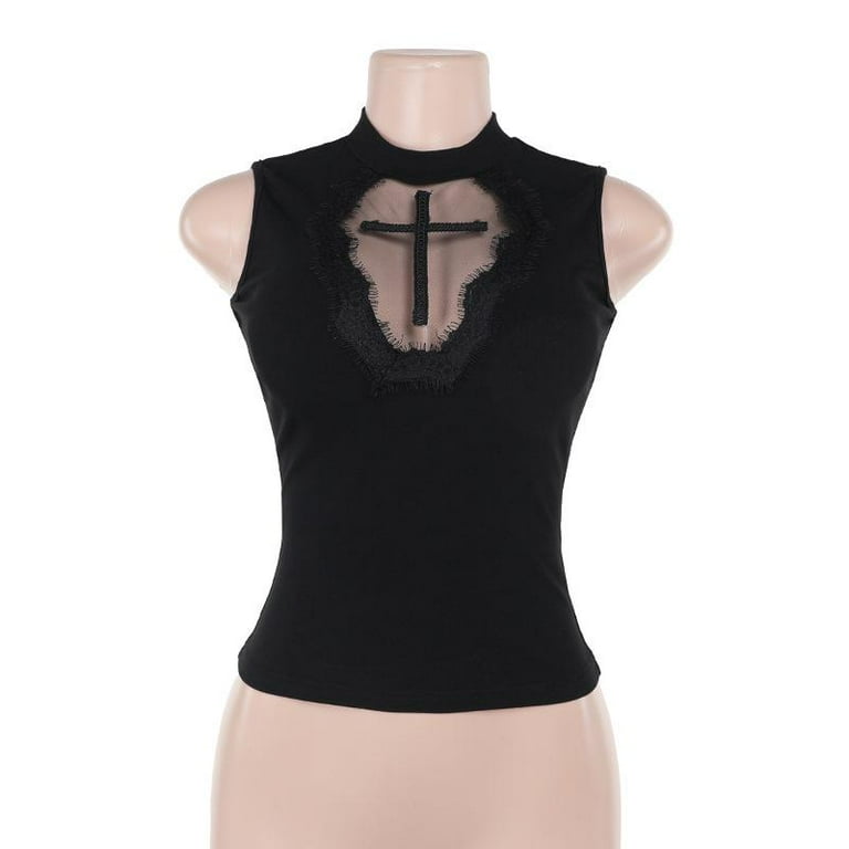 Y2K Goth Black Cross Sleeveless Basic Tank Tops Sexy Vintage Lace