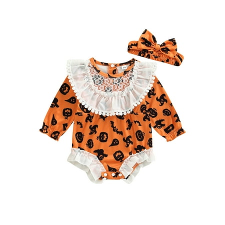 

Gureui Baby Girls Halloween Casual Romper Long Sleeve Bat Pumpkin/Bat Ghost Print Romper with Headband