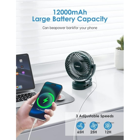 Camping Fan with Remote Control - 12000mAh Rechargeable Battery Powered Fan, LED Light & Hanging Hook for Tent RV Bed