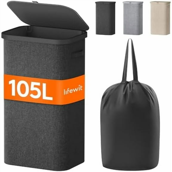 105L Laundry Basket with Lid, Large Laundry Hamper with Plastic Handles and Removable Bag, Foldable Tall Dirty Clothes Hampers for Laundry for Laundry Room, Bedroom, Bathroom, Dorm, Dark Gray