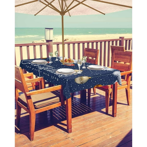 Navy Blue Christmas Outdoor Tablecloth - 60x102 Inch Rectangle Dining Table Cover, Xmas Balls Snowflake Botanical Waterproof Outdoor Table Cloth with Umbrella Hole & Zipper for Picnic/Patio