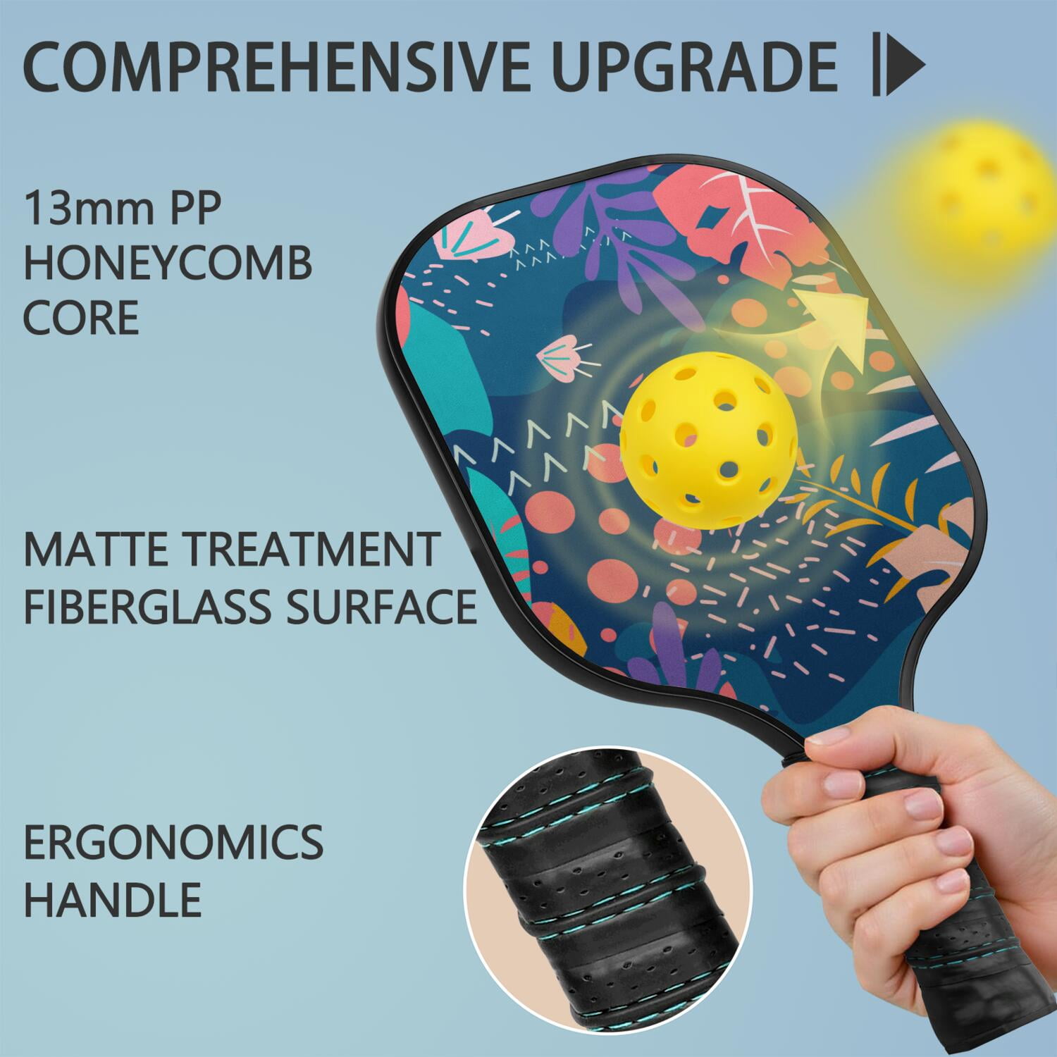 Pickleball Paddles Set Of 2, Fiberglass Surface, Tropical Jungle Print, 4 Balls & Bag