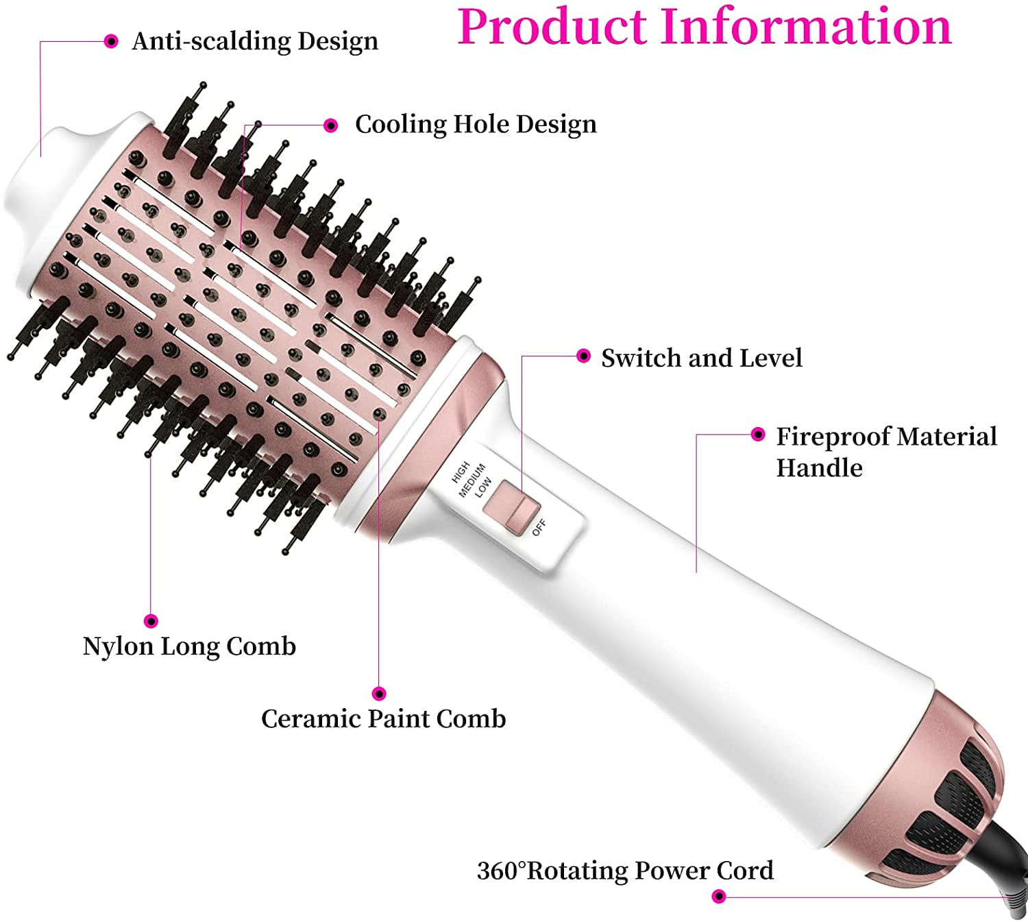 Hair Dryer Brush, 4-in-1, Hot Air Brush, One Step Volume, Hair Dryer Brush, Quick Dry & Straightening Comb, Ceramic Coating with Cleaning Claw White
