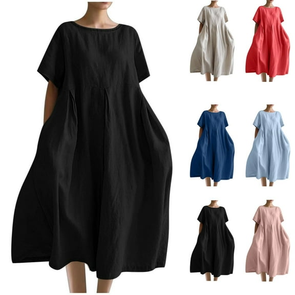 perfectbot Womens Flowy Cotton Linen Midi Dress - Summer Short Sleeve Crewneck Plus Size 1X-5X Pleated Relaxed Tunic