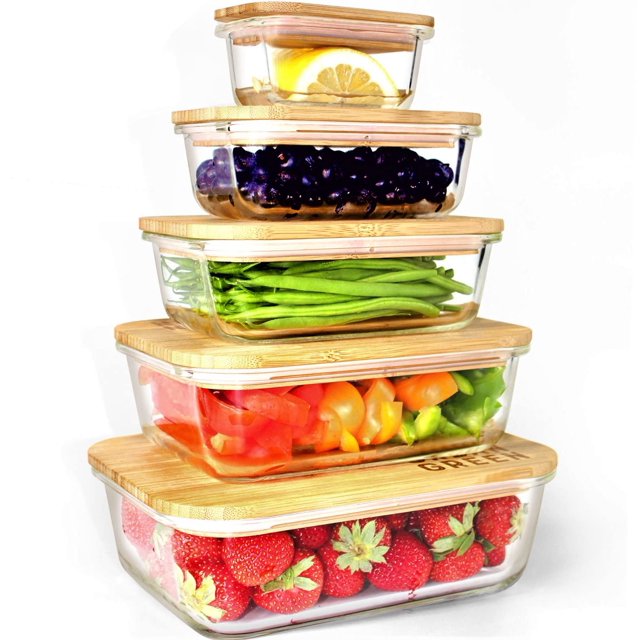 Urban Green Glass Bamboo Lids, Meal Prep Containers Food storage, 5 Pack, Pantry Kitchen Fridge Cabinet Organizer, Lunch box, Butter Dish, Microwave Oven,