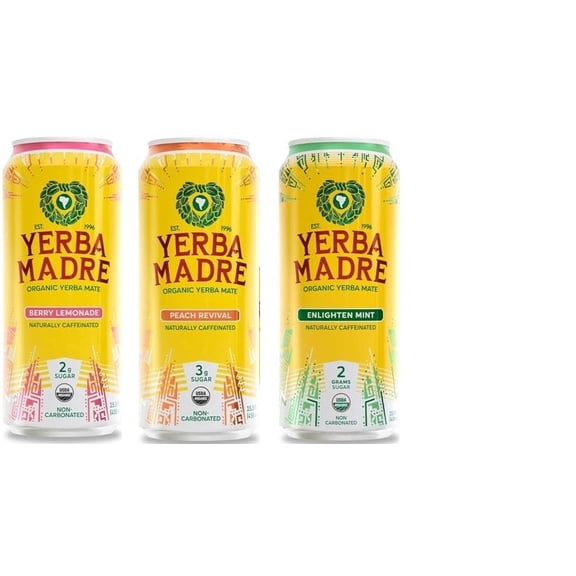 Guayaki Yerba Mate Low Calorie Variety Pack : Tropical Uprising, Peach Revival, Berry Lemonade (Pack of 12)