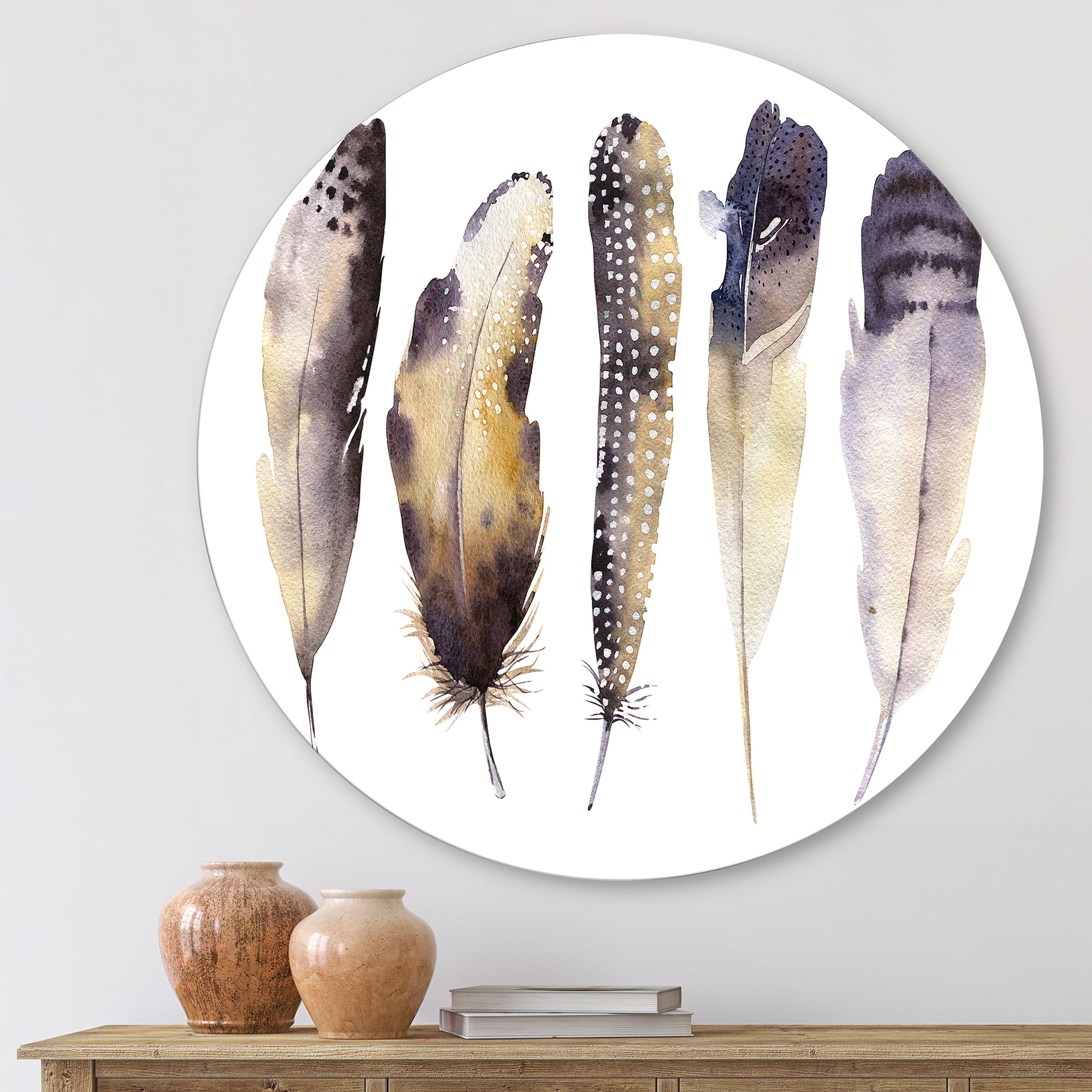Designart 'Dark Gray Feathers Boho Ethnic I' Bohemian & Eclectic Circle Metal Wall Art 11x11 - Disc of 11