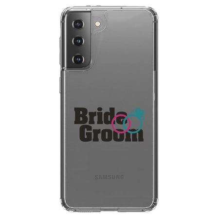 DistinctInk Clear Hybrid Case for Samsung Galaxy S21 Plus (6.7 Screen) - Bride & Groom Wedding Rings - Raised Bezel Screen Guard