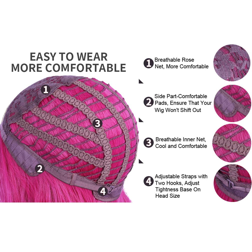 RightOn Hot Pink Wig Long Curly Wig with Bangs Women Rose Red Wigs Cosplay Party Costume Synthetic Wigs with Wig Cap
