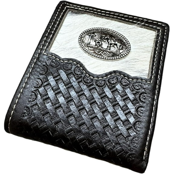 Western Stakes Mens Cow Hair Cowboy Cowboy Praying At Cross Basketweave Bifold Western Leather Wallet High End Hand Stitched Leather Style Mens Wallets Leather Bull Rider Rodeo Gifts For Men (Coffee)