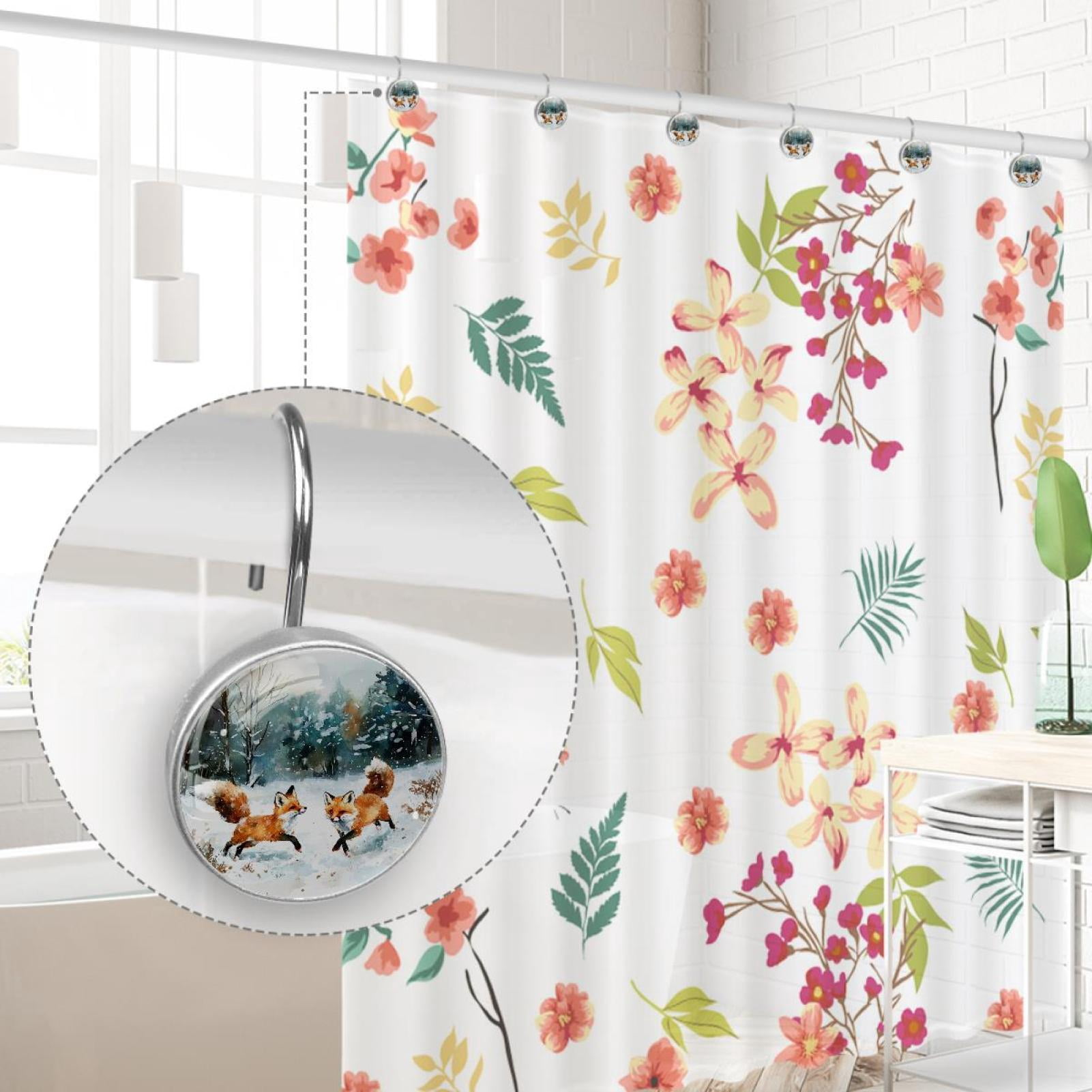 Snow Forest Foxes Shower Curtain Hooks Round Crystal Glass, Set of 12 Shower Curtain Rings - Shower Hooks for Curtain Shower Rings