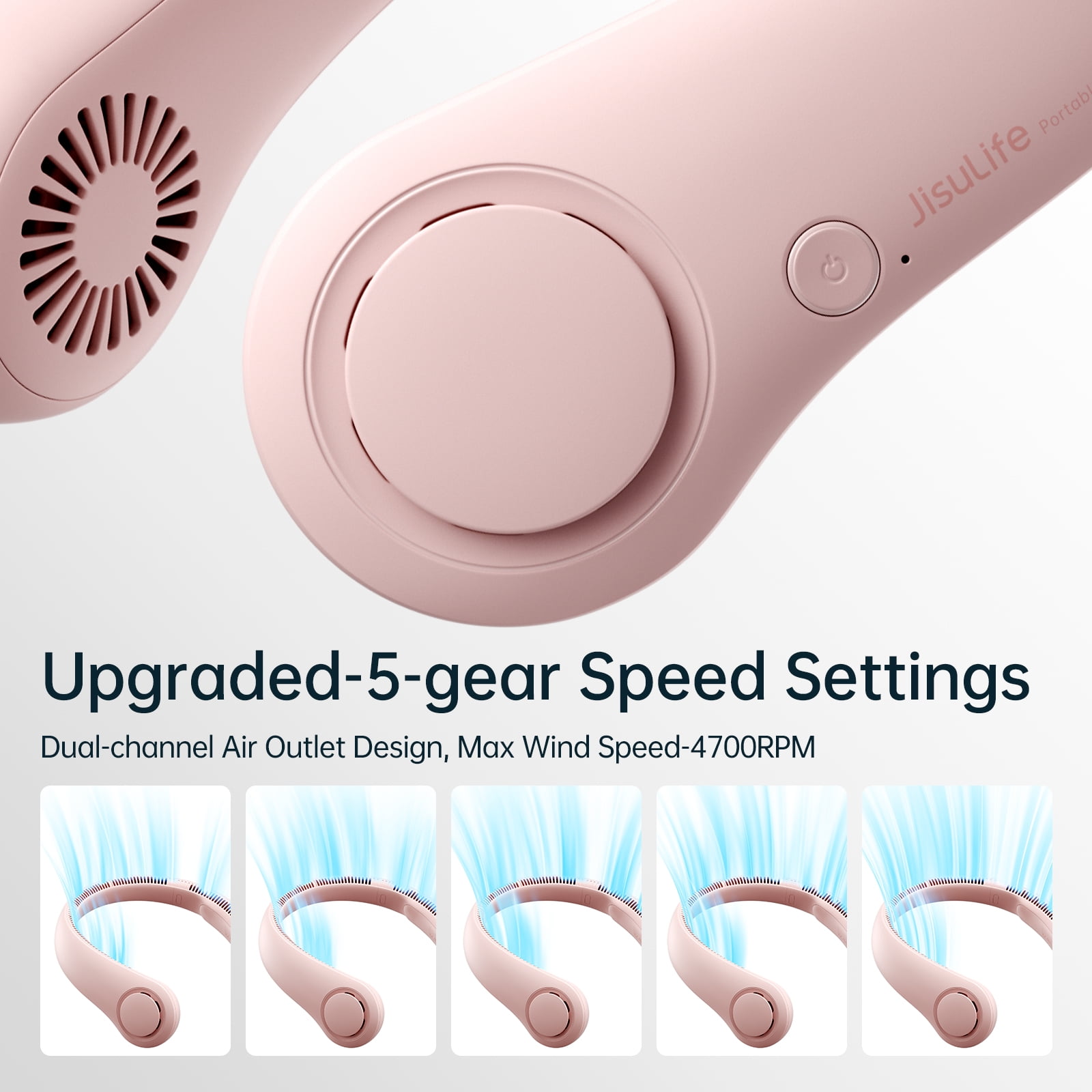 JISULIFE Portable Neck Fan, Wearable Fan, Bladeless Fan Hands-Free Cooling, Quiet 25dB, 5 Speeds, 16H Battery Life, Ideal for Indoor/Outdoor, Gift for Women, Men - Pink