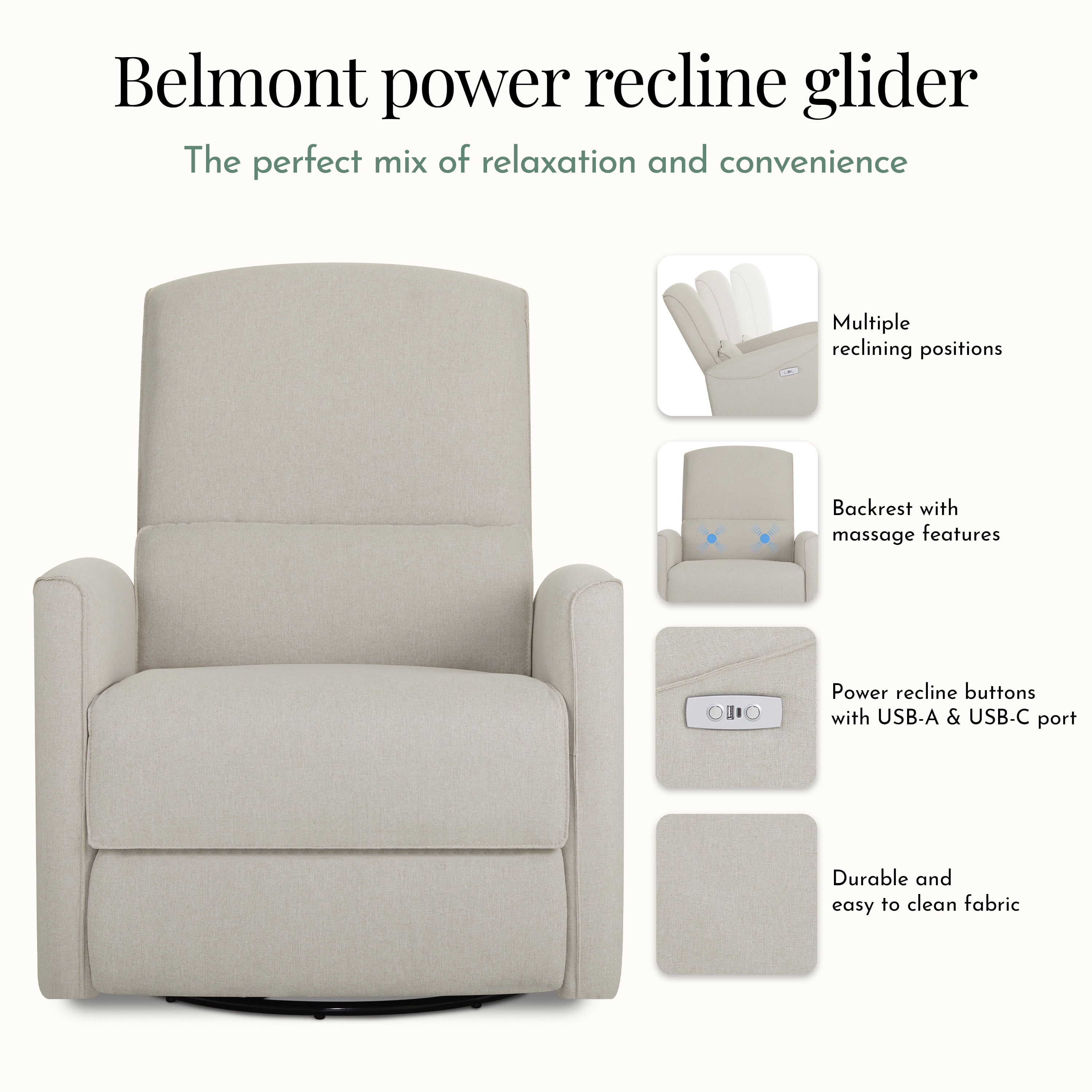 Evolur Belmont Power Recliner with Massager, Light Sand