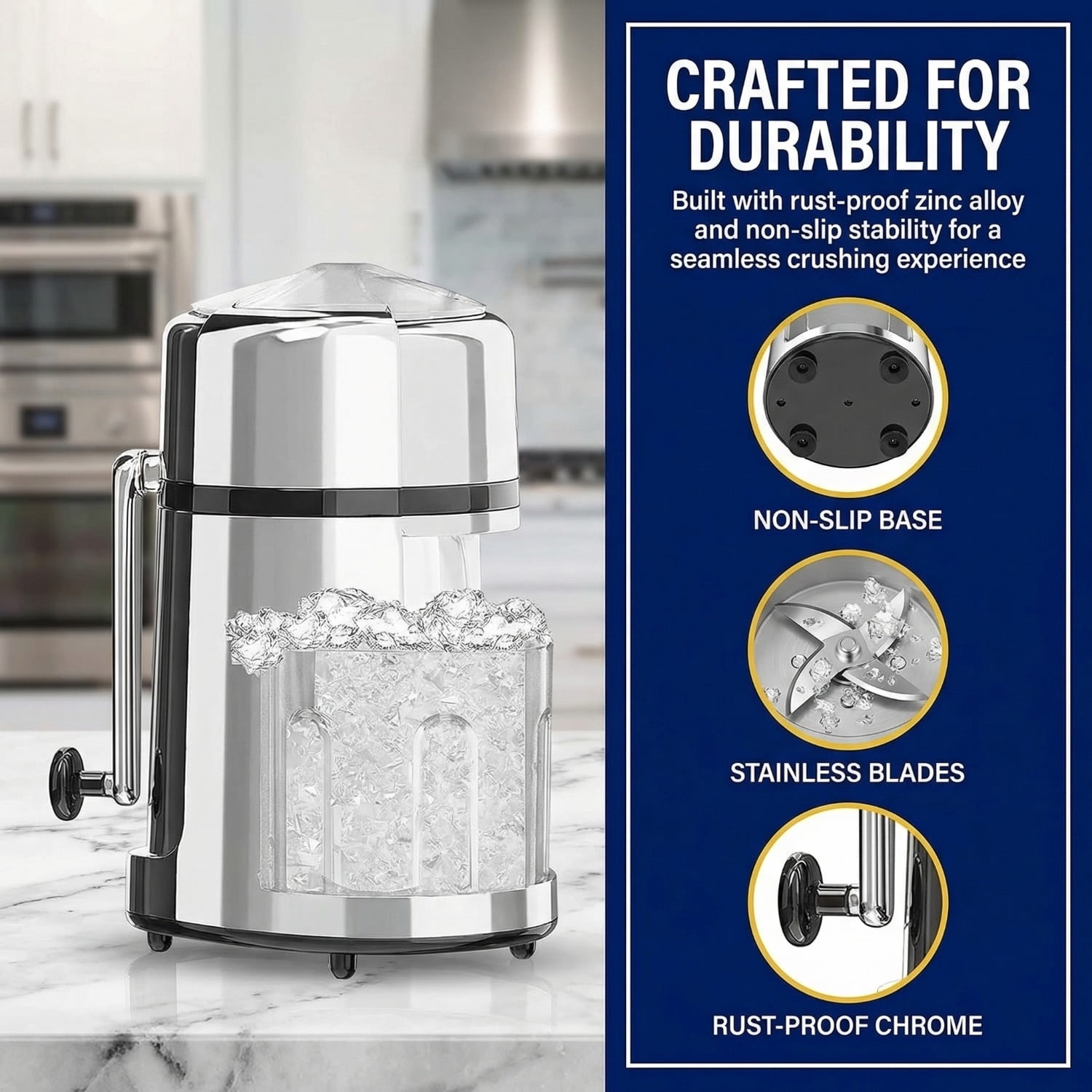 Manual Hand Crank Ice Crusher, Heavy-Duty Zinc Alloy Shaved Ice Machine with Stainless Steel Blades, Non-Slip Base Design, Portable Ice Grinder for Cocktails, Snow Cones and Cold Desserts