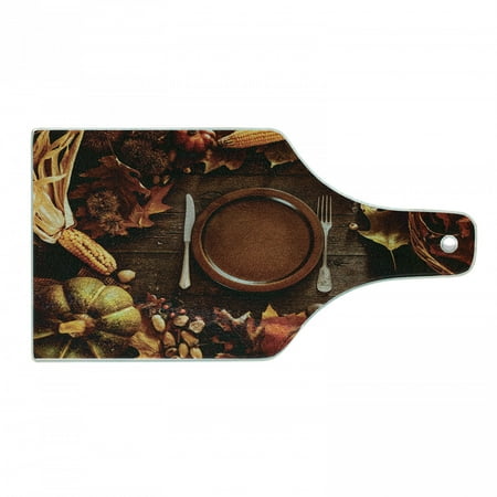 

Harvest Cutting Board Dinner at Thanksgiving Fall Color Theme Plate and Cutlery Various Seasonal Food Tempered Glass Cutting and Serving Board Wine Bottle Shape Brown Orange by Ambesonne