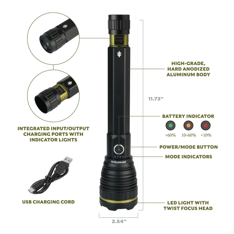 Swiss Tech Erhellen 20, 20000 Lumen Rechargeable LED Flashlight with Usb-c, Ip67, Size: 2.5 inch x 2.5 inch x 11.75 inch Swiss Tech Erhellen 20, 20000 Lumen Rechargeable LED Flashlight with Usb-c, Ip67, Size: 2.5 inch x 2.5 inch x 11.75 inch