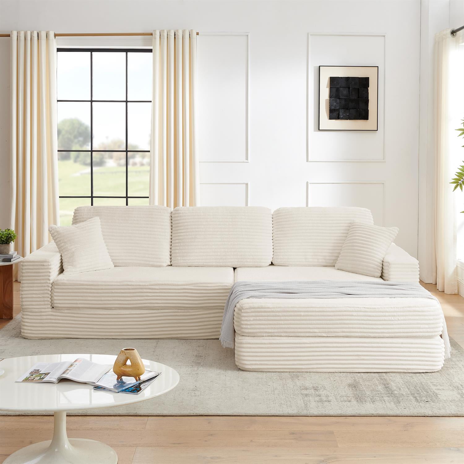 Demi Bonn 111" L Shaped Modular Sectional Sofa, Modern Corduroy Couch with Comfy Right Seat, Unfolds into Bed for Living Room, Beige