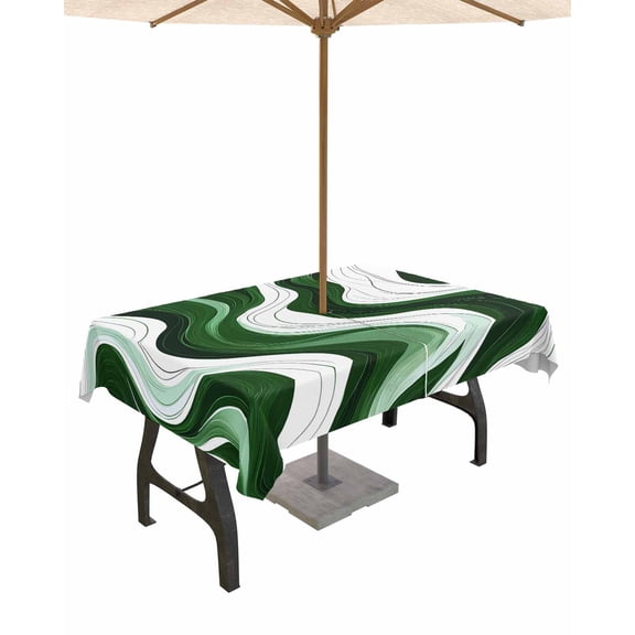 Outdoor Tablecloth with Umbrella Hole for Patio/Picnic/Party/Camping, Green Stripe Waterproof Table Cloth Rectangle Table Cover Washable, Geometric White Wave Modern Ocean 52"x 70"