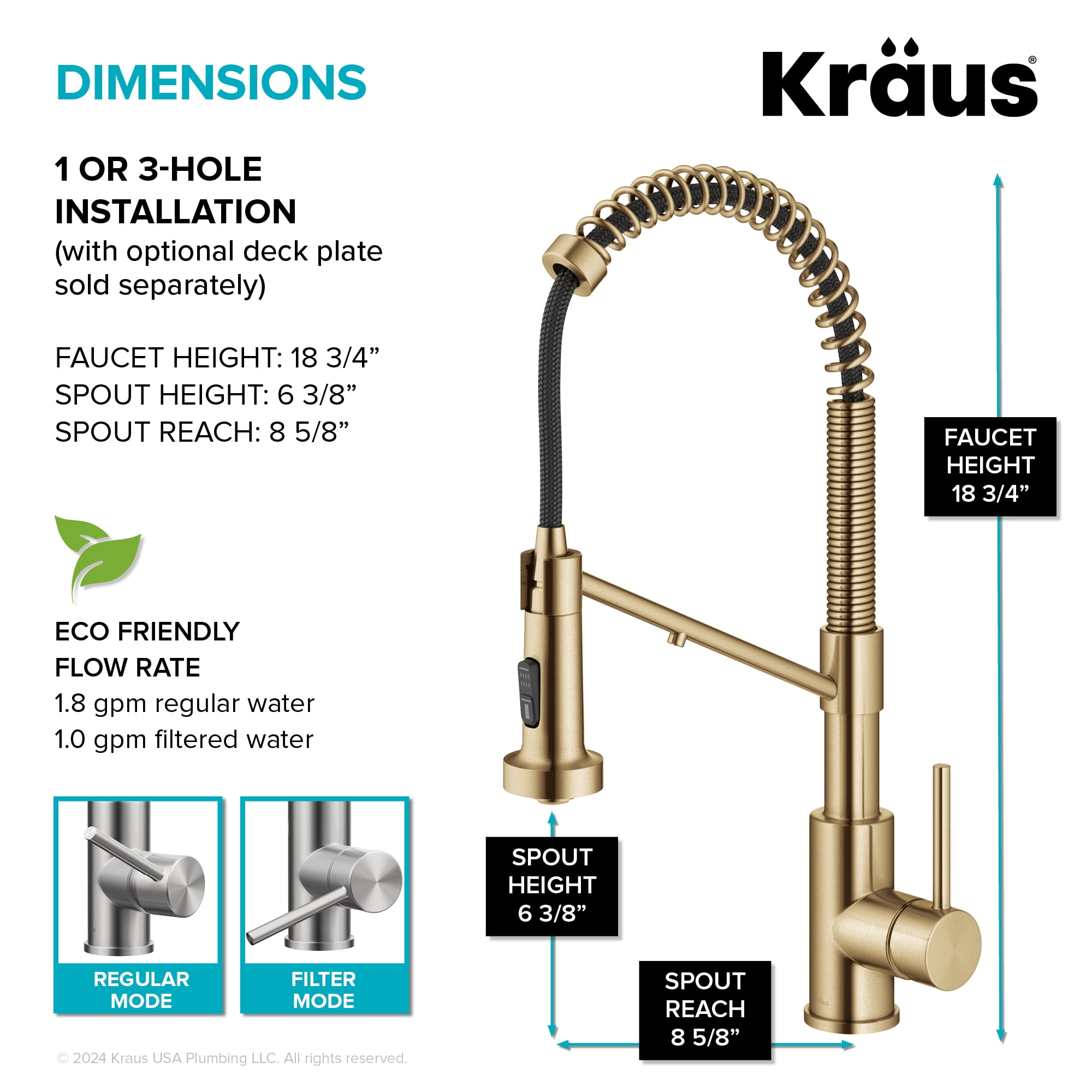 KRAUS Bolden 2-in-1 Commercial Style Pull Down Single Handle Water Filter Kitchen Faucet for Reverse Osmosis or Water Filtration System in Spot-Free Brushed Brass