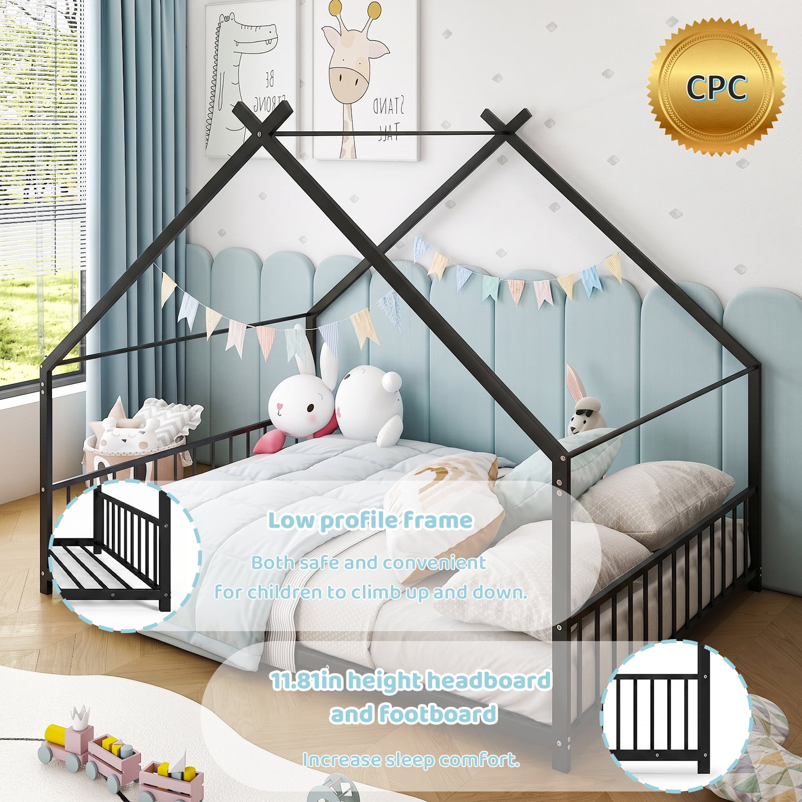 Full Size Metal House Bed Frame, Montessori Floor Bed with Safety Side Guard Rails, No Box Spring Needed, House-Shaped Platform Bed for Kids Toddlers Boys Girls, Black