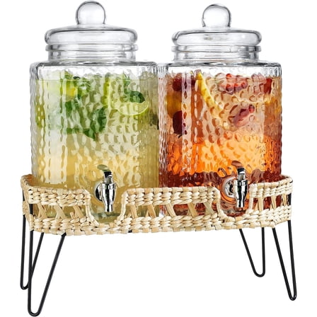 Double Drink Dispenser 1.5 Gallon Hammered Glass Beverage Dispenser 2-Pack with  Wicker on Metal Stand