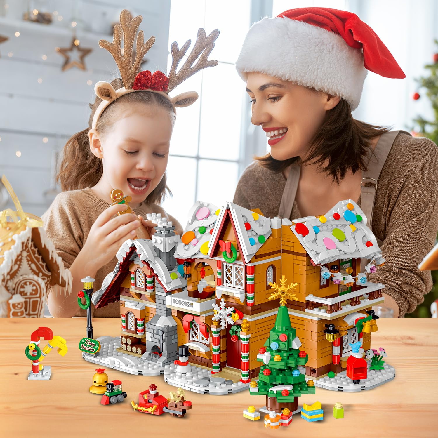 HOGOKIDS 1397PCS Christmas Gingerbread House Building Set, 3-in-1 Holiday Village Model with Santa Claus, Christmas Tree and Mini Figures, Building Blocks Set for Adults and Kids Ages 8+