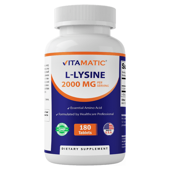 Vitamatic L-Lysine 2000 mg Per Serving | 180 Tablets | Essential Amino Acid Supplement | Non-GMO | Gluten Free | Made in USA