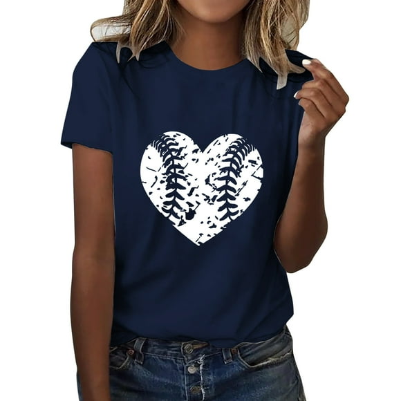 Daznico Baseball Tops Graphiques pour Femmes Été Mode T-Shirt Baseball Imprimé à Manches Courtes Tunique Tops Bleu M