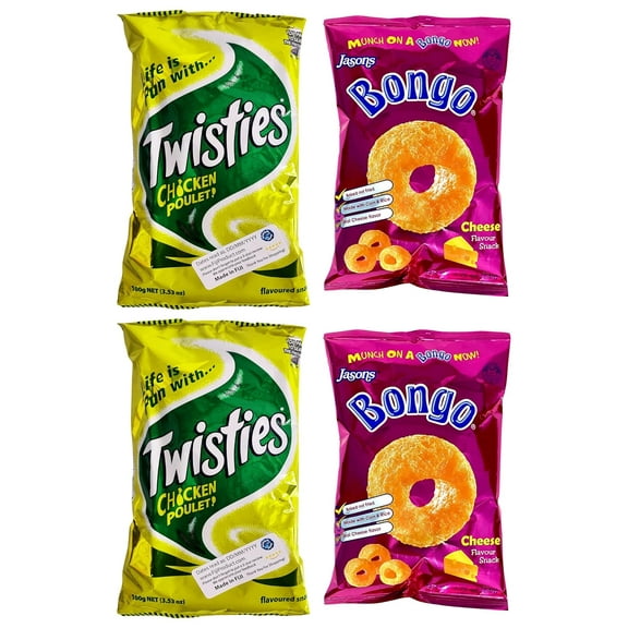 Combo Puffs Snack - 2 x 100g Twisties Chicken Poulet & 2 x 28g Bongo Cheese Flavor (Value Pack Of 4) Favorite Snack Of The Pacific Islanders