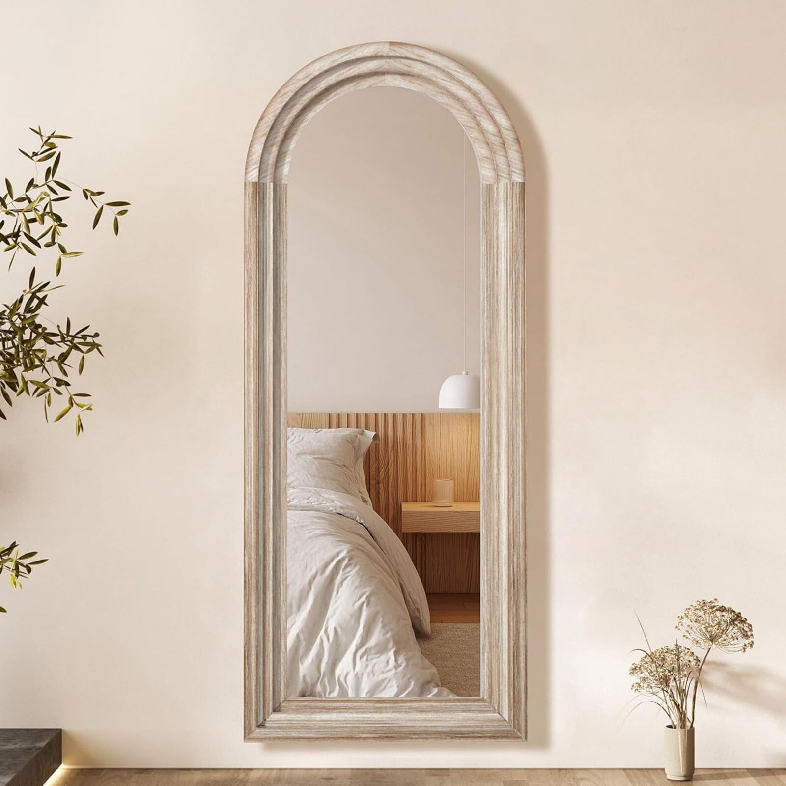 BEAUTYPEAK 65"x22"Wooden Arched Full Length Mirror with Stand,White