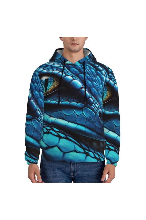 Blue Viper Snake Closeup Face Print Mens Casual Hooded Collar Drawstring Hoodies Pullover Sweatshirts Casual Long Sleeve Shirts-Large