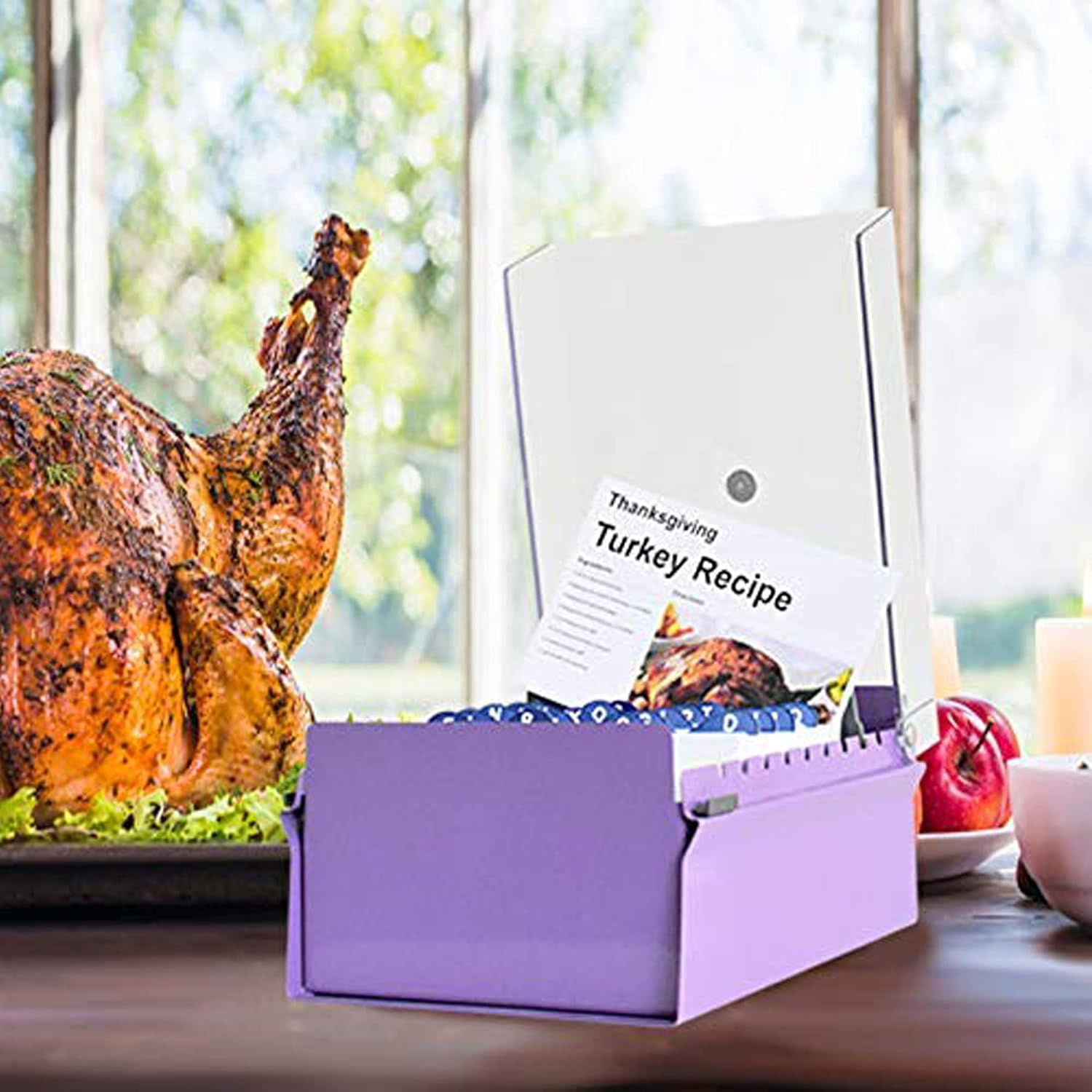 Acrimet 5 X 8 Card File Holder Organizer Box Metal Base Heavy Duty (AZ Index Cards and Divider Included) (Purple Color with Clear Crystal Plastic Lid Cover)