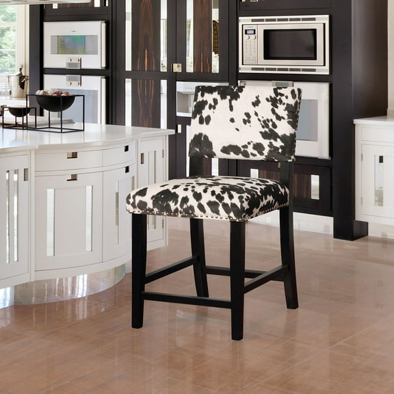 Linon Corey Backless Wood Counter Stool, 24" Seat Height, Black Finish with Black Cow Print Fabric