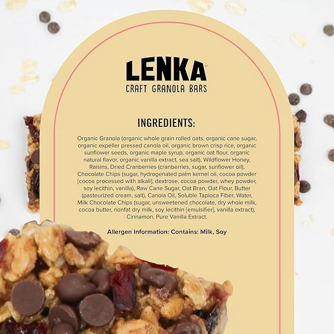 LENKA Handmade Craft Granola Bars - Cranberry Chocolate Gluten Free High Fiber - Nutritious Snack Bar with Chewy Granola - 12 Pack