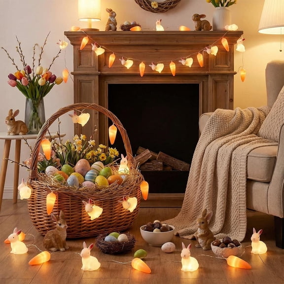 AZXY 4.92FT Easter Bunny & Carrot String Lights 10LEDs - Warm White & Orange Fairy Lights for Indoor Outdoor Easter Party Garden Yard Patio Home Decor