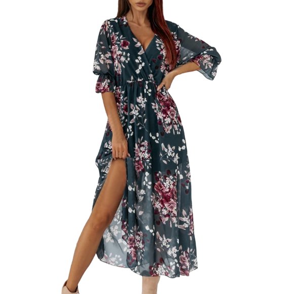 Lroplie Maxi Dresses for Women 2023 V Neck Casual Fashion Short Sleeve Summer Floral Boho Flowy Loose Print Sun Womens Dress Deep Green XXL