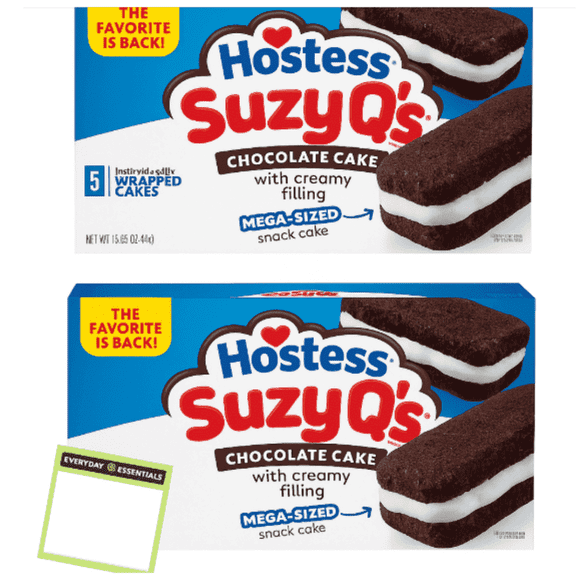 Hostess Suzy Q’s Chocolate Snack Cakes with Creamy Filling, (2 Pack)  13 oz Box (5 Cakes)   Everyday Essentials Note Pad Bundle