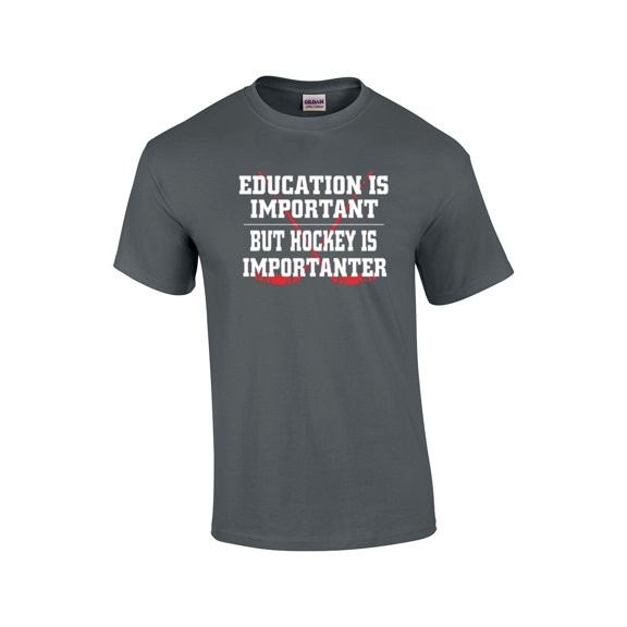 Hockey Is Important But Education is Importanter T-shirt Sports Athletics Humor Funny Humorous Ice Skating Puck Rink-Charcoal-Medium